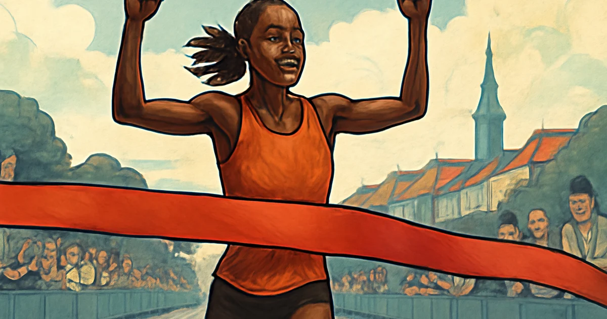 Agnes Ngetich crossing the finish line at Copenhagen World Athletics Road Running Championships