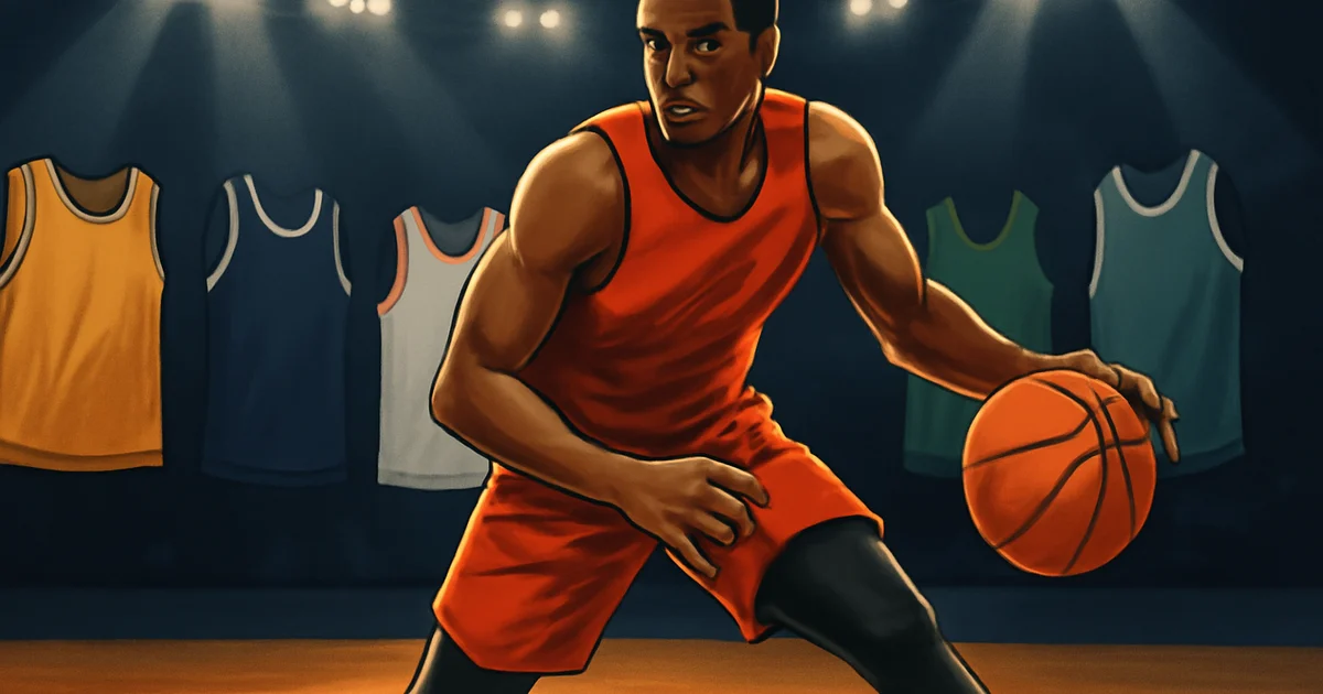 NBA basketball player dribbling under arena lights with team jerseys in background