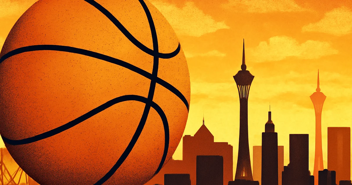NBA logo with basketball and city skyline