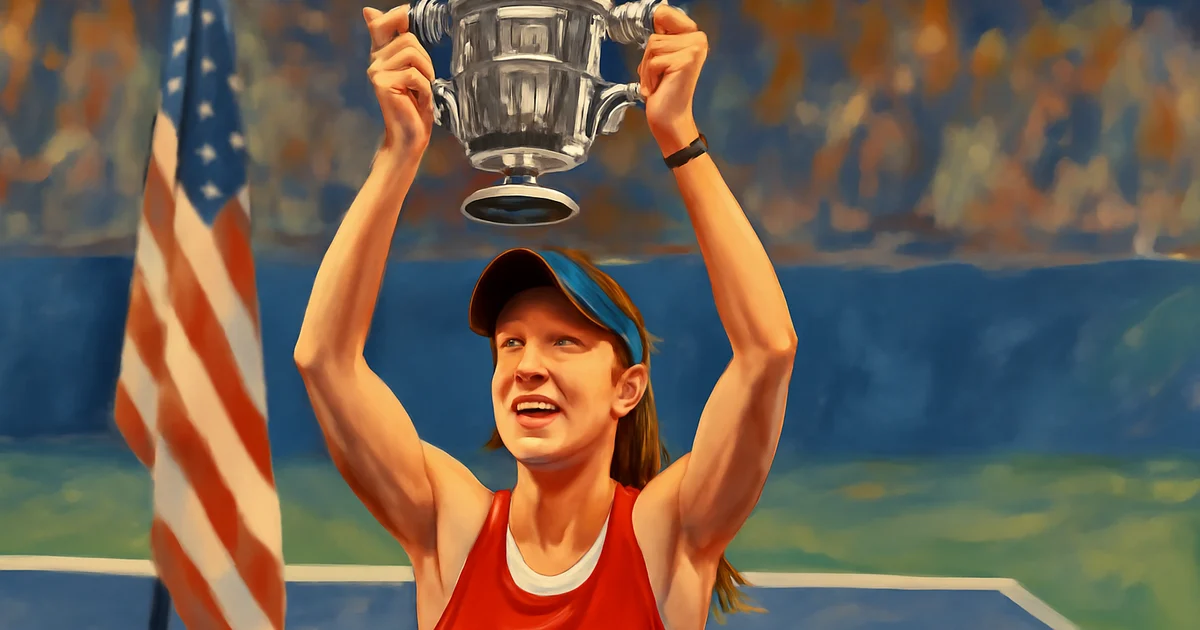 Elena Rybakina celebrates with the US Open trophy after her win over Aryna Sabalenka