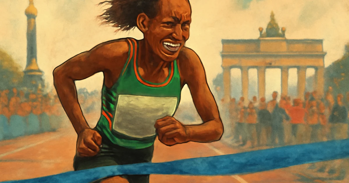 Tigst Assefa pushing through pain at the Berlin Marathon finish line