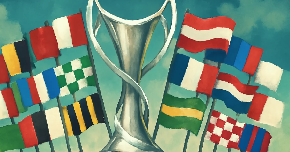 Women's Champions League trophy with club flags