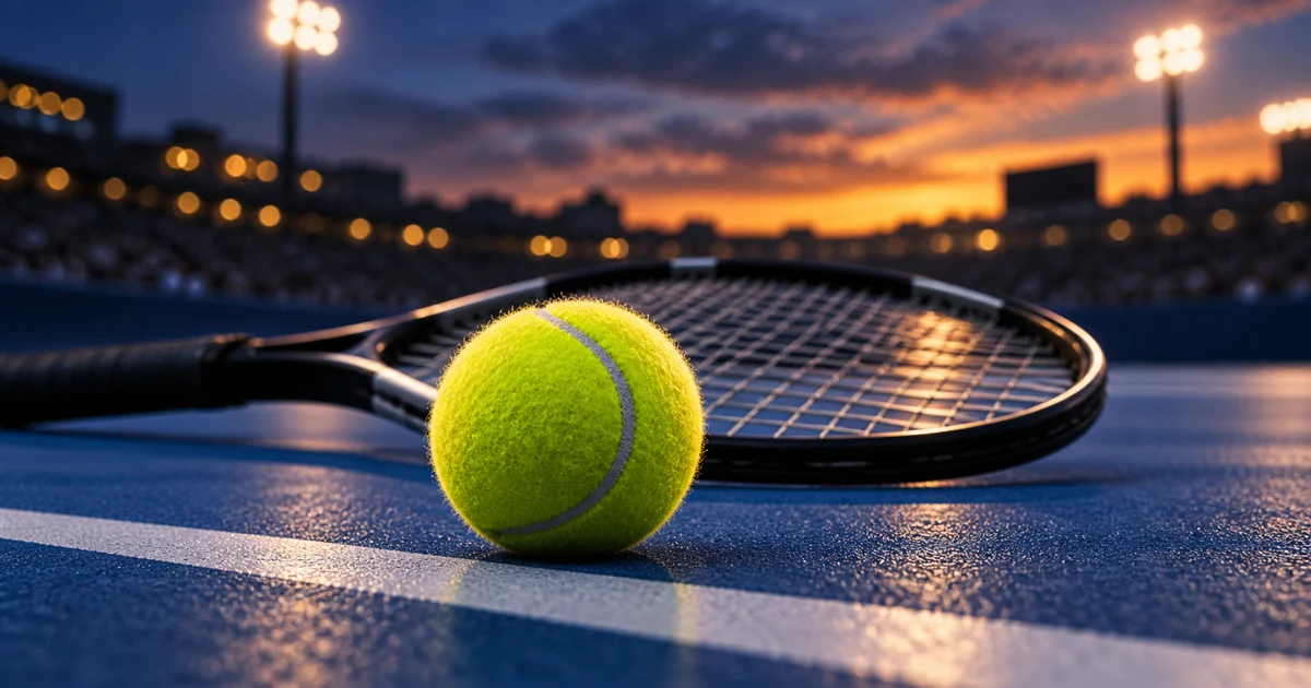 Tennis ball and racket on a blue hard court under evening lights; editorial illustration.
